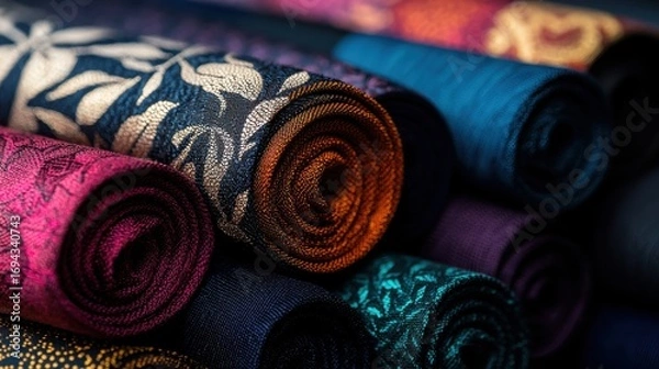 Obraz Close-up of a stack of rolled up fabric rolls. the rolls are of different colors and patterns, including shades of blue, pink, purple, orange, and gold.