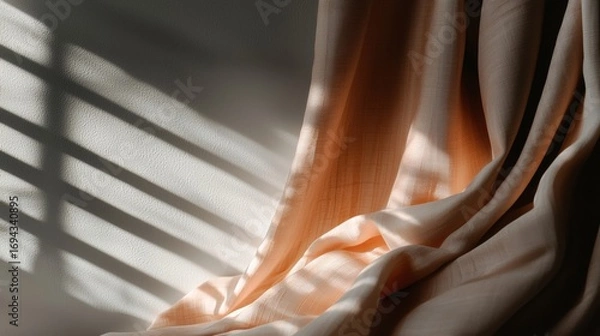 Obraz Close-up of a curtain with a light orange fabric draped over it. the fabric appears to be made of a soft, silky material and has a subtle sheen.
