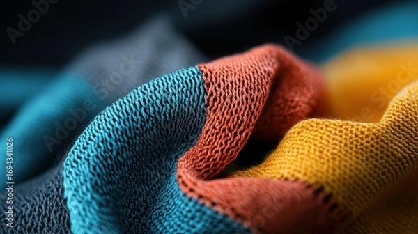 Obraz Close-up of a folded piece of fabric. the fabric appears to be made of a soft, knitted material with a striped pattern in shades of blue, orange, and yellow.