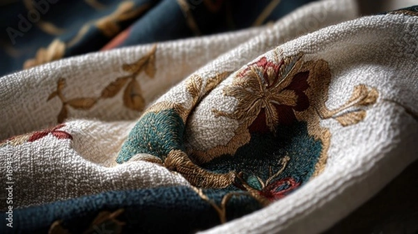 Obraz Close-up of a fabric with a floral design. the fabric appears to be made of a soft, textured material, possibly cotton or linen.