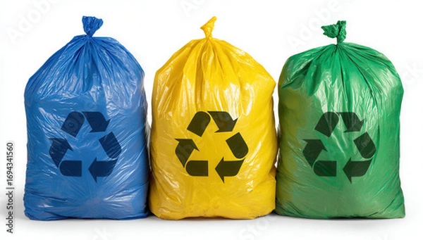 Fototapeta Color-coded trash bags for recycling, waste, and composting displayed on a white background