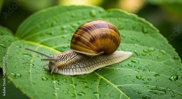 Fototapeta Snail crawling on dewcovered leaf.