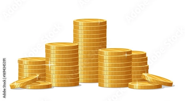 Fototapeta Several stacks of golden coins, some scattered, representing wealth and financial gain.