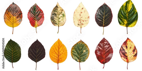 Fototapeta Twelve Diverse Autumn Leaves in Various Colors and Patterns on Black leaf fall isolated on a transparent background