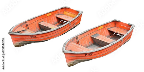 Fototapeta Two identical orange rowboats with wooden seats and white trim isolated on a transparent background