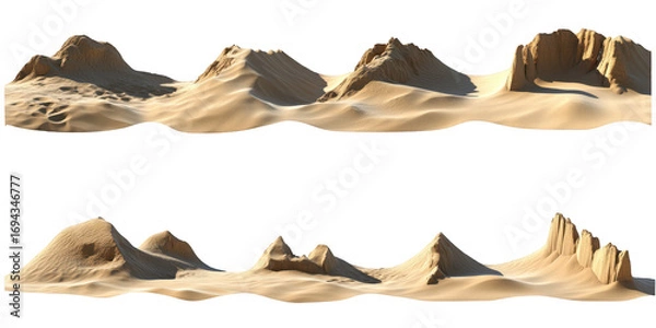 Fototapeta Two Rows of Stylized Desert Landscape Miniatures with Sand Dunes and Rock Formations isolated on a transparent background