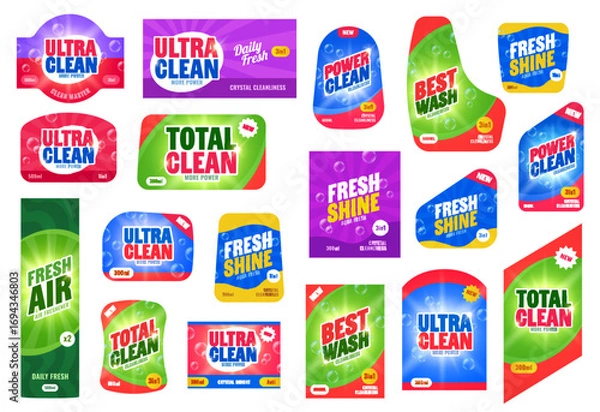 Fototapeta Label of cleanser, liquid soap and detergent packages. Vector set of cleaning product emblems for brands such as ultra, power and total clean, best wash, fresh shine and fresh air household production