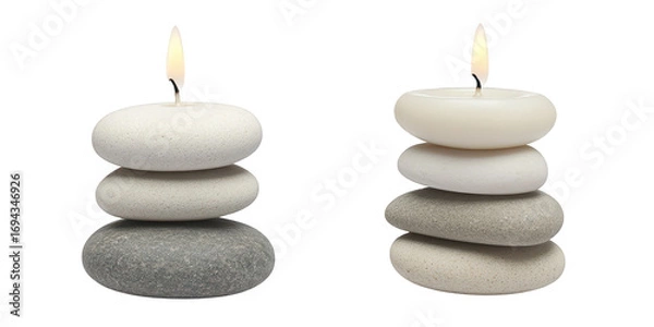 Fototapeta Two stacks of smooth, lit candles on balanced stones with transparent background graphic isolated on a transparent background