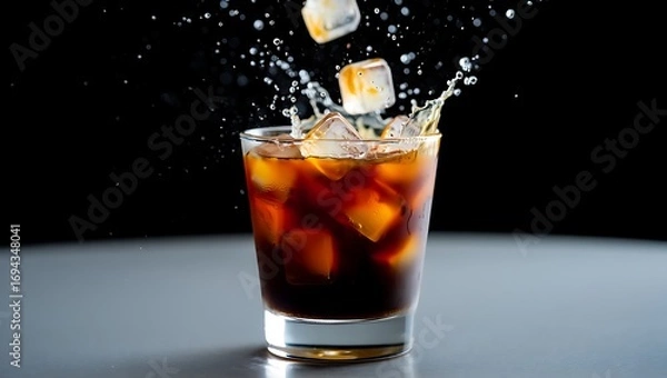 Fototapeta Refreshing Iced Coffee Splash with Ice Cubes Dropping into Glass