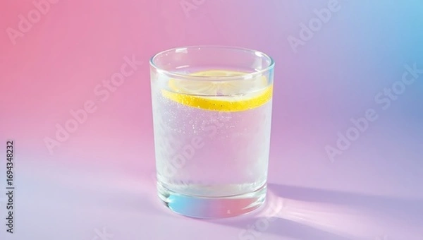 Fototapeta A Refreshing Glass of Sparkling Water with a Bright Lemon Slice