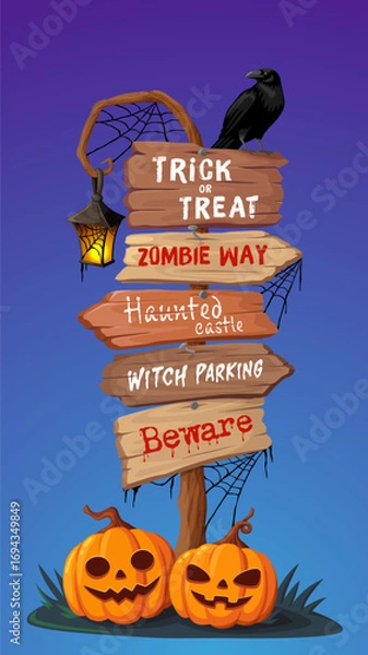 Fototapeta Halloween wooden sign board, scary signage. Cartoon vector spooky wood signpost with eerie text directions, decorated with a crow, cobwebs, lantern, and jack lanterns against a dark purple background