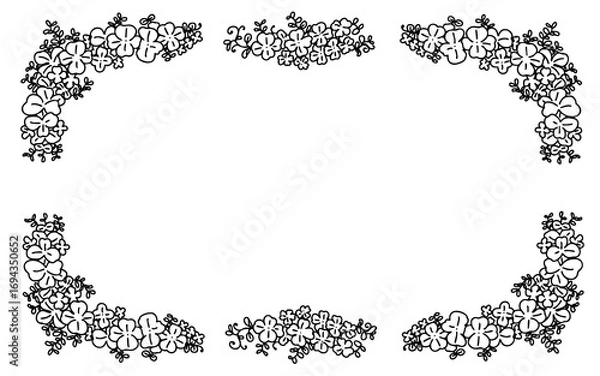 Fototapeta お洒落な三つ葉や四葉と植物の線画フレーム・ラベルデザイン