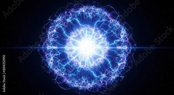 Fototapeta A brilliant spherical energy core radiates intense white light enveloped by intricate blue and purple plasma arcs against a dark star-filled cosmic backdrop with a central light streak