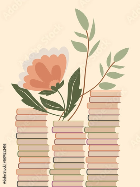 Fototapeta World Book and Copyright Day. Stack of books with a bouquet on a delicate pink background. Vector
