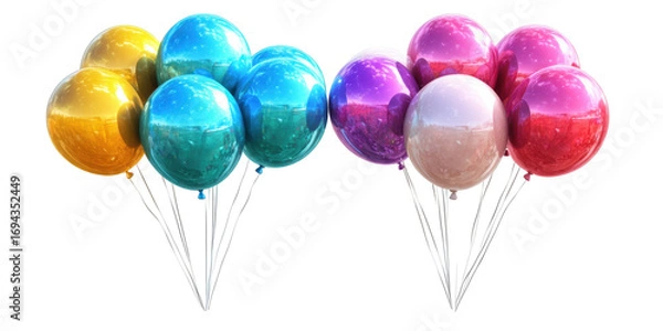 Fototapeta Assortment of Colorful Metallic Balloons Tied Together on White Background blur real isolated on a transparent background