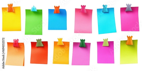 Fototapeta Assortment of Colorful Sticky Notes with Decorative Clips Keywords: sticky notes, paper isolated on a transparent background