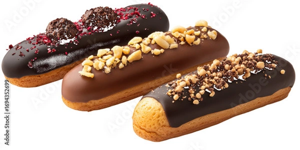 Fototapeta Assortment of Chocolate Glazed Eclairs with Toppings blur 371c7b42 isolated on a transparent background