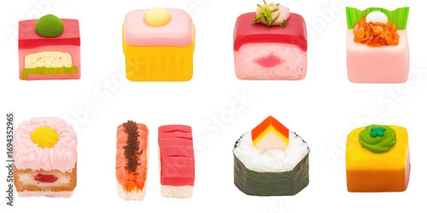 Fototapeta Assortment of Eight Colorful Decorative Sushi- Shaped Candies on Black candy sweet isolated on a transparent background