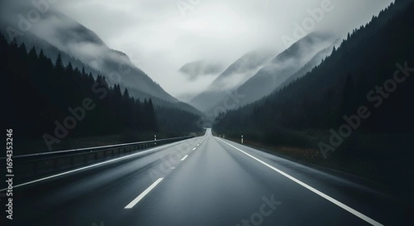 Fototapeta 【霧深い谷を貫く道】雨に濡れたアスファルトが続くムーディーな風景