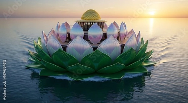 Fototapeta Unique Floating Lotus Flower Structure on Calm Water at Sunset