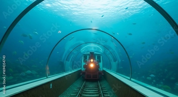 Fototapeta Enchanting underwater train journey through a coral reef tunnel