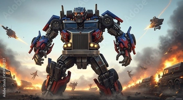 Fototapeta Giant Robot Warrior Engaged in Epic Battlefield Combat and Destruction
