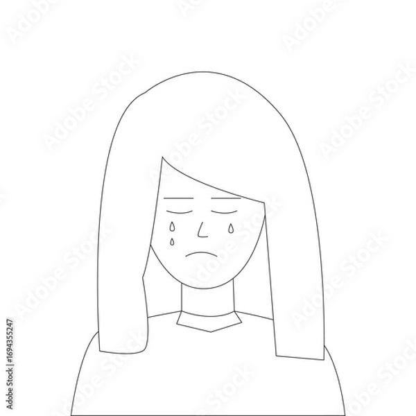 Fototapeta Vector illustration of a girl in white with black outline stroke isolated on white background.Sad girl is crying.People face with feeling, emotion.Tears of depression.