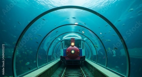 Fototapeta Underwater Train Journey Through A Crystal Tunnel With Fish Swimming Around