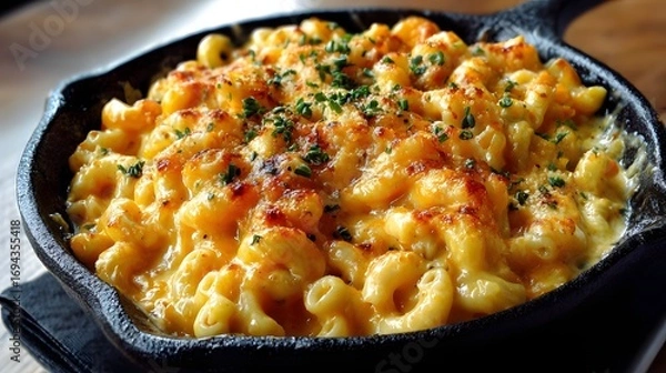 Fototapeta Delicious mac and cheese in cast iron skillet with cheese sauce and parsley topping for food photography