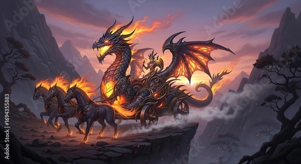 Fototapeta Fiery Dragon Chariot Pulled By Mythical Horses Ascending Mountain Peaks At Dusk