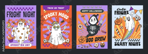 Fototapeta Funny groovy Halloween ghost characters posters, vector trick or treat horror night party. Cartoon retro y2k scary ghost and phantom boo characters, Halloween costumes and candies groovy posters set