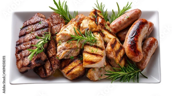 Fototapeta Mixed grilled meat with steak chicken and sausage pieces on transparent background