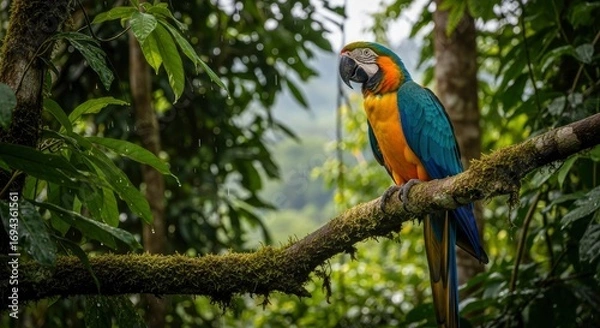 Fototapeta A colorful parrot perches on a mossy tree branch in a lush green forest during light rain