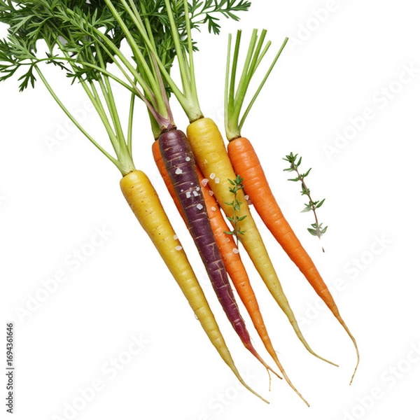 Fototapeta Freshly washed organic rainbow carrots (orange, yellow, purple, white) with green tops, sea salt, and a thyme sprig, isolated on a transparent studio background, clean food styling concept