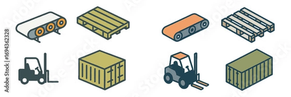 Fototapeta Isometric representation of essential industrial and warehouse equipment for modern logistics operations and efficient global supply chain management