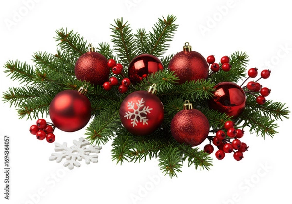 Fototapeta Lush green fir branches, red matte and glossy baubles, white snowflake ornaments, and red holly berries isolated on a bright transparent background in a studio shot, elegant holiday decor concept