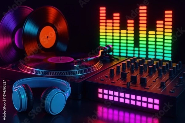 Fototapeta Turntable with mixer, vinyl records, neon headphones, sound equalizer, and LED grid for music remix visuals