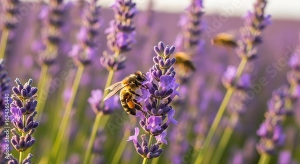 Fototapeta Bee pollinating lavender field.