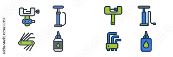 Fototapeta Bicycle repair and maintenance tools icon set with pump, hex key, lubricant, and derailleur on a white background