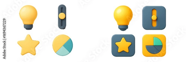 Fototapeta 3D icon set with lightbulb for idea, star for favorite, pie chart for data analytics, and slider for settings on a white background