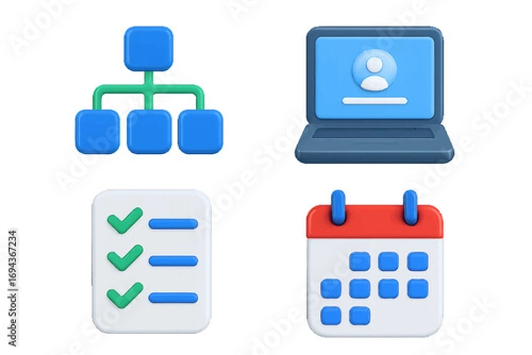 Fototapeta 3D icon set for project management and business organization with calendar, checklist, flowchart, and user profile on laptop