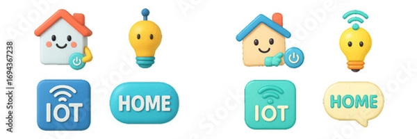 Fototapeta Set of 3D smart home icons with cute house character and light bulb mascot for IoT technology and home automation concepts