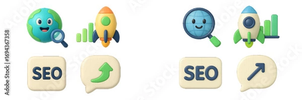 Fototapeta Three-dimensional SEO icon set for digital marketing and business growth featuring a rocket launch, global search, and data analytics symbols