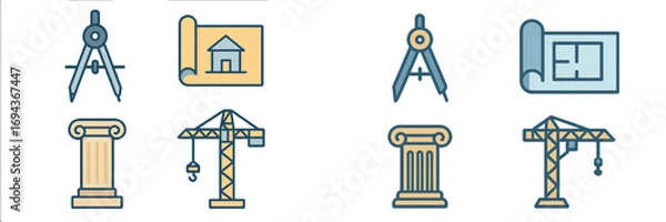 Fototapeta Line art symbols for architecture and construction projects featuring a blueprint, compass, crane, and classical column for engineering design