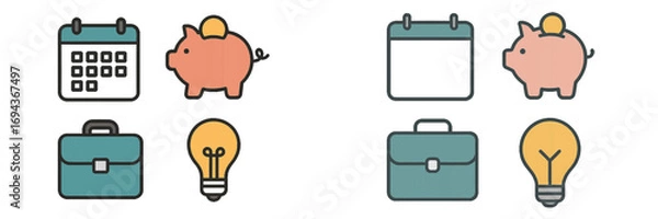 Fototapeta Flat outline symbols for business and finance concepts including a calendar for planning, piggy bank for saving, briefcase for work, and lightbulb for ideas