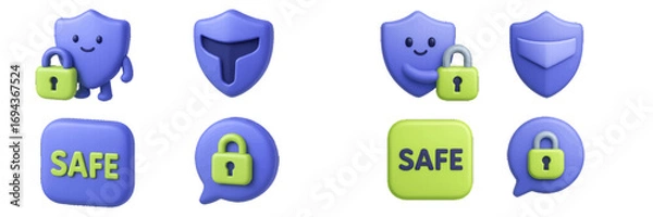 Fototapeta 3D security icon set with cute shield character holding a padlock and safe speech bubble for data protection and privacy concepts isolated on a white background