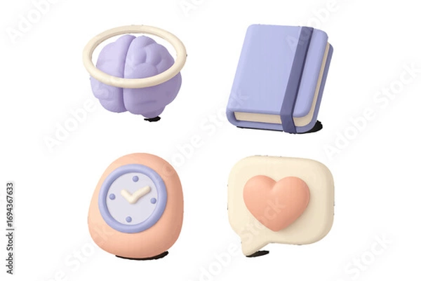 Fototapeta Set of 3D icons representing mental health, knowledge, time management, and social media engagement with a brain, notebook, clock, and heart symbol