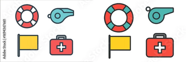 Fototapeta Lifeguard equipment with lifebuoy, whistle, first aid kit, and safety flag for water rescue and emergency situations