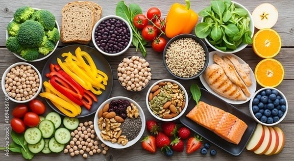 Fototapeta A vibrant assortment of wholesome foods like salmon, chicken, fresh vegetables, and grains, representing a balanced and nutritious diet