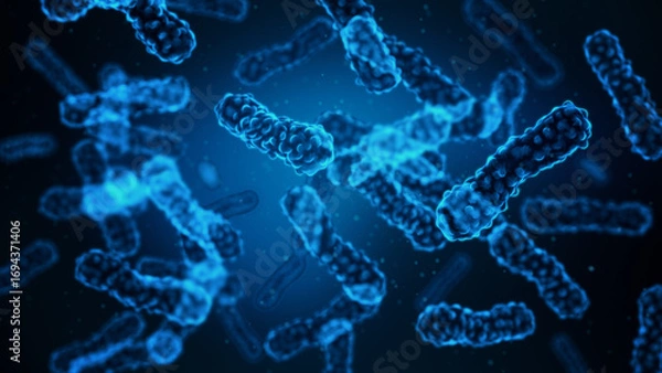 Fototapeta Microscopic blue germs or bacteria in science or clinical study research, Medical background concept, 3D rendering